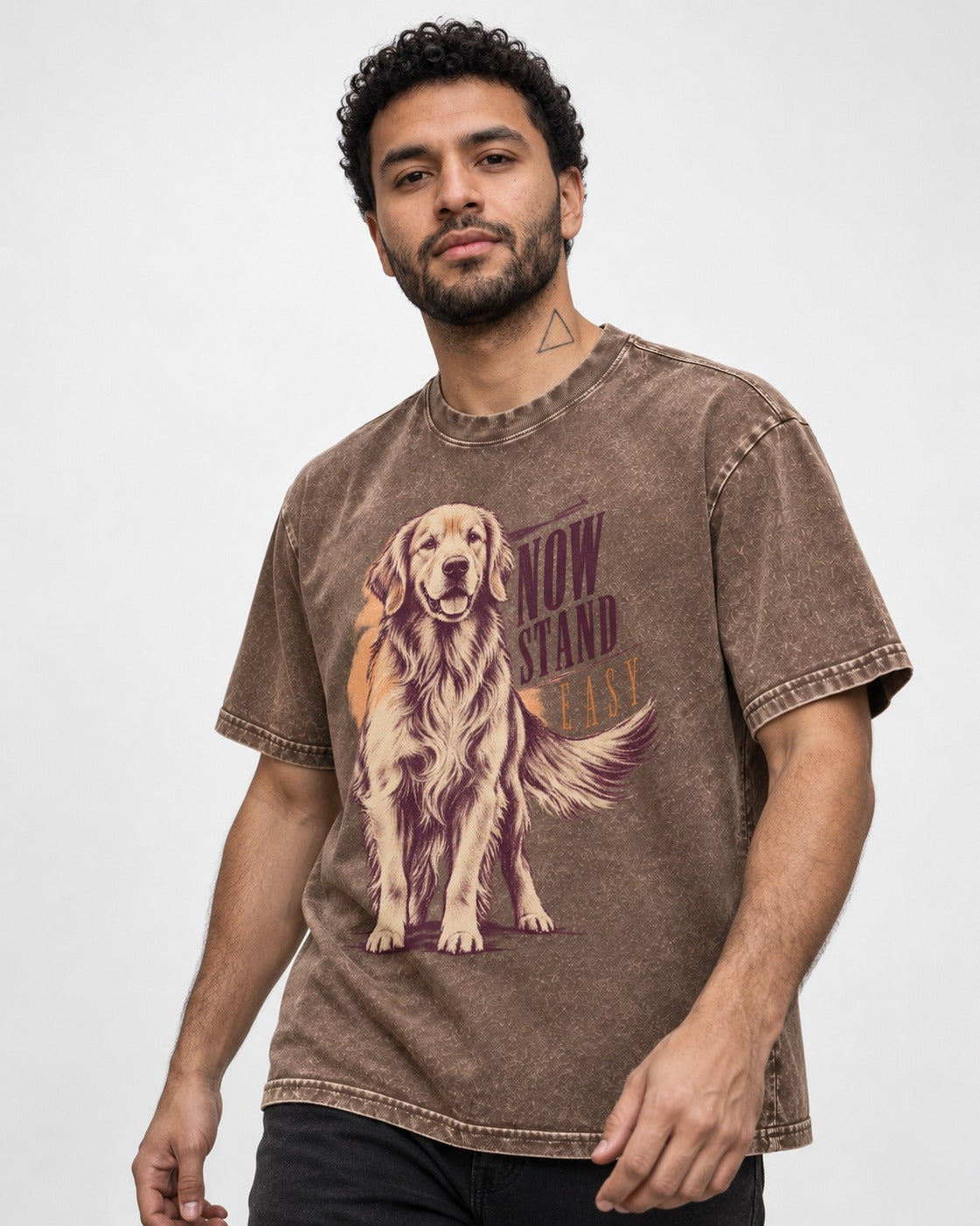 Now Stand Easy Golden Retriever Washed Tee in Coffee, worn by a model