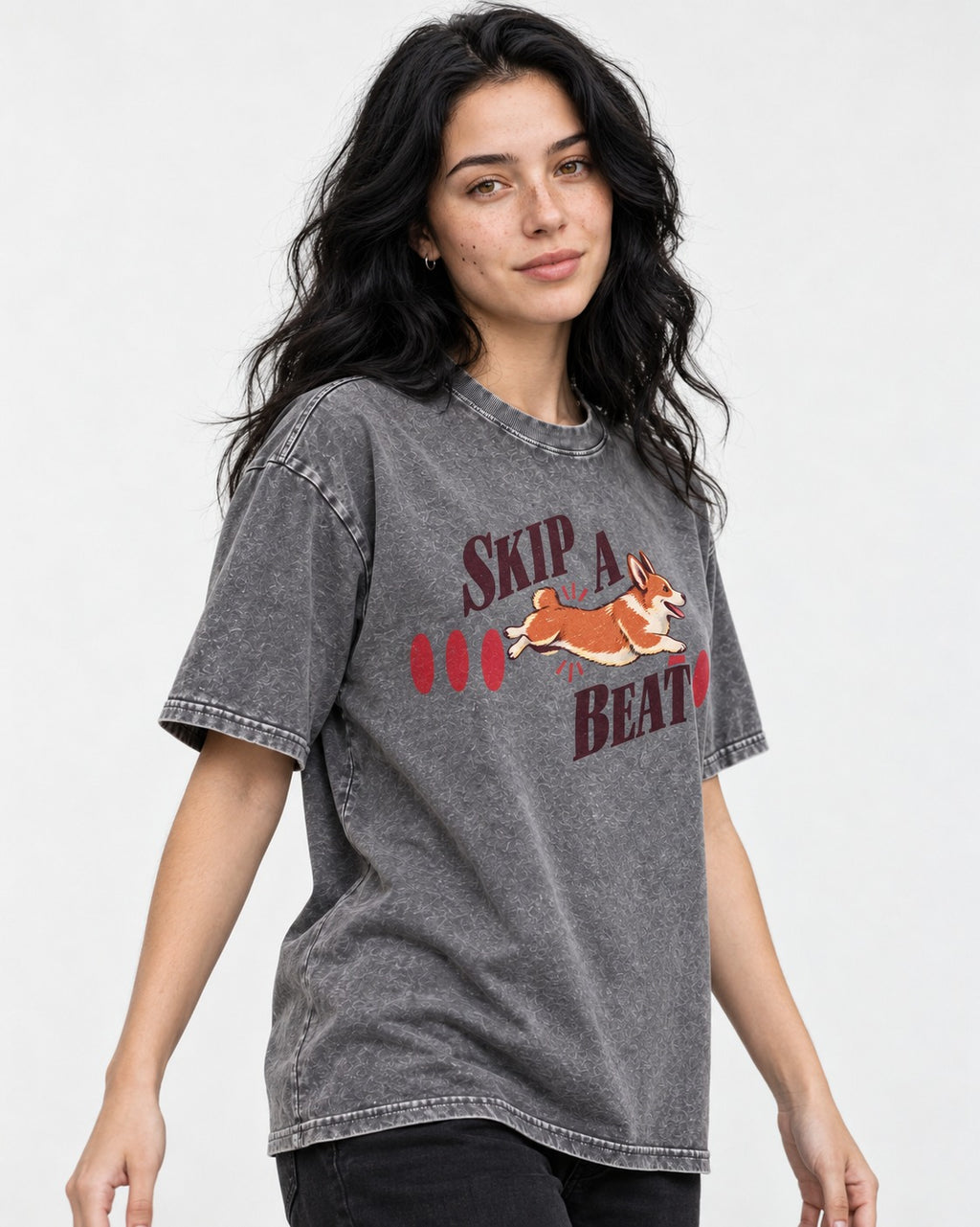 Skip a Beat Corgi Washed Tee in Gray, worn by a model