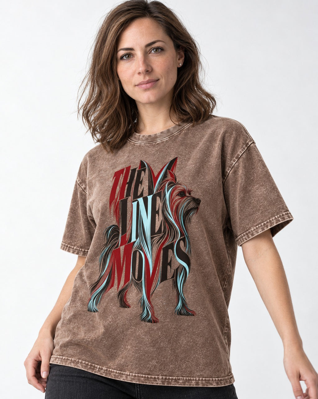 The One Moves Yorkshire Terrier Washed Tee in Coffee, worn by a model