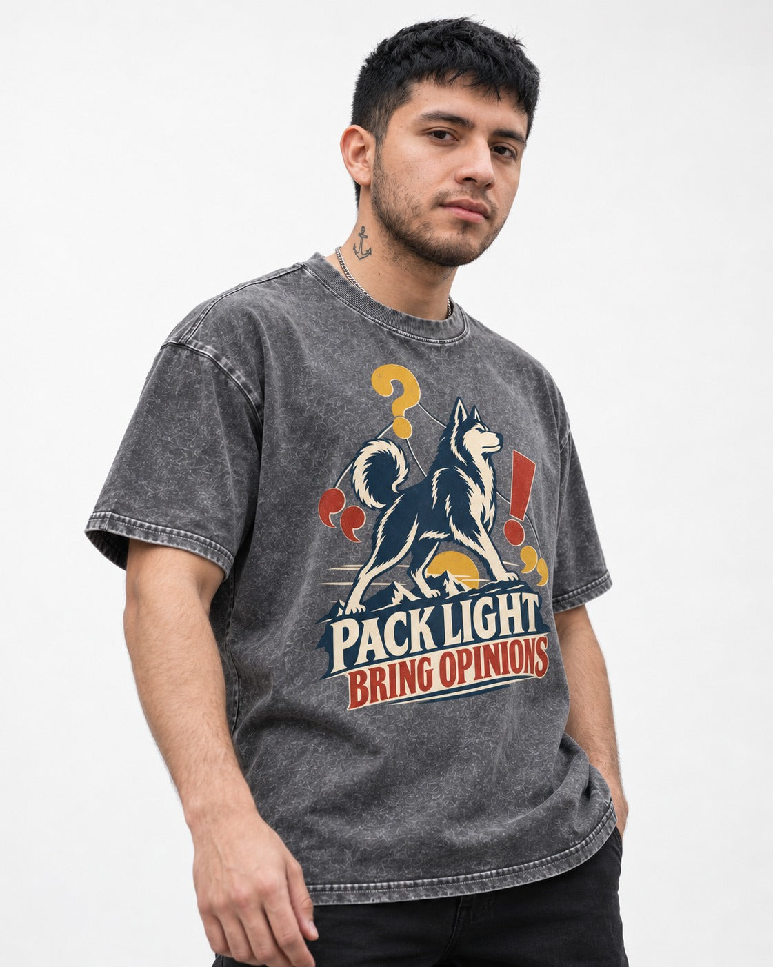 Husky Pack Light Bring Opinions Washed Tee in Gray, worn by a model