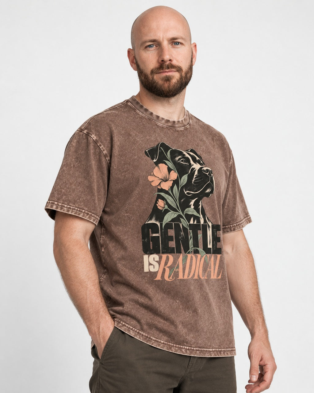 Gentle Pitbull Is Radical Washed Tee in Coffee, worn by a model