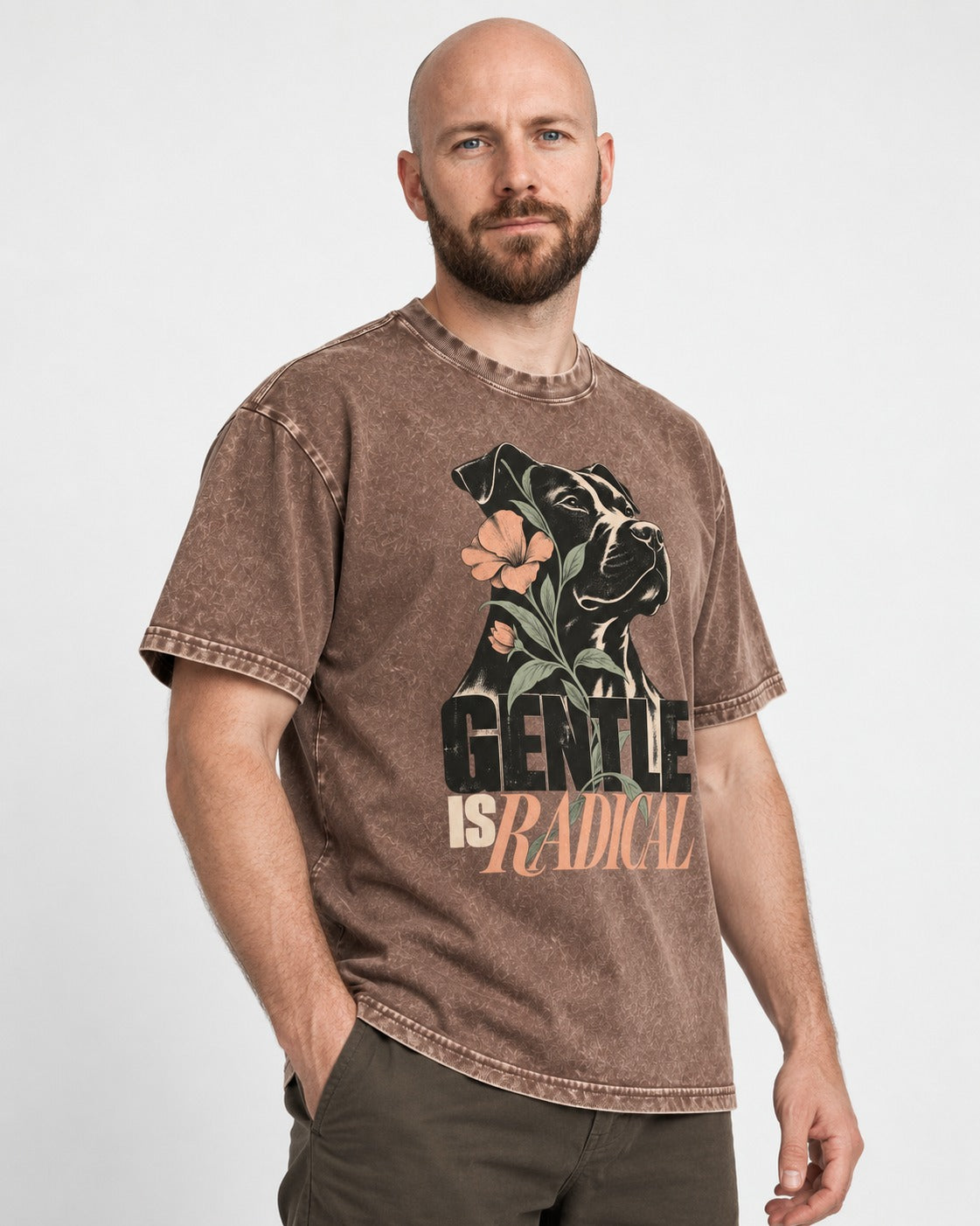 Gentle Pitbull Is Radical Washed Tee in Coffee, worn by a model