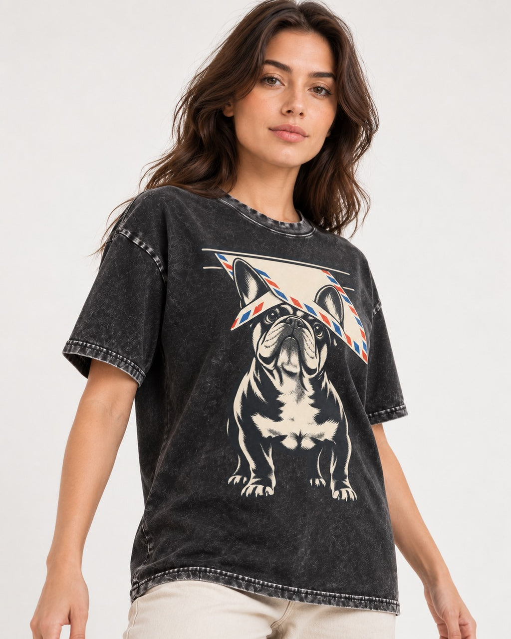 Frenchie Mail Slot Intercept Graphic Washed Tee in Black, worn by a model