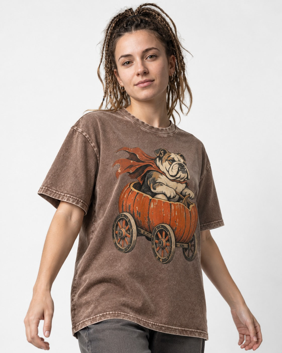 English Bulldog Midnight Magic Washed Tee in Coffee, worn by a model