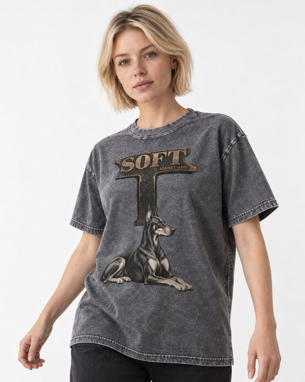 Soft Against Hard Doberman Washed Tee in Gray, worn by a model