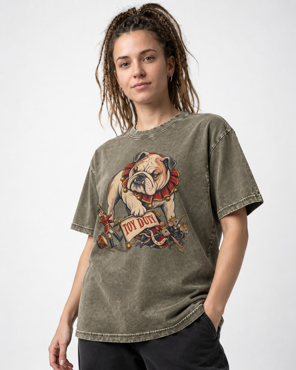 English Bulldog Toy Duty Nutcracker Mice Washed Tee in Army Green, worn by a model