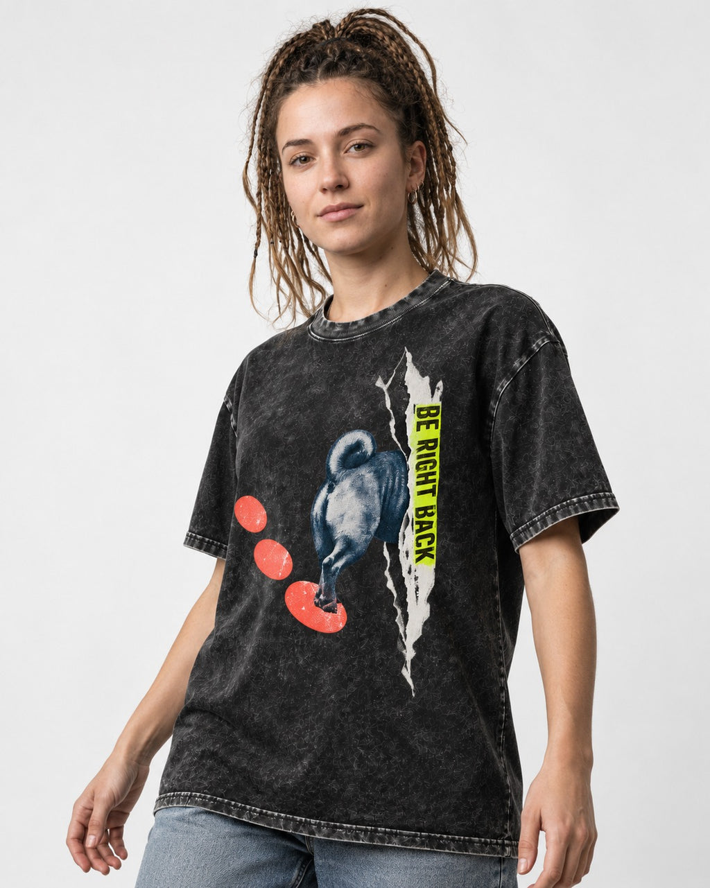 Pug Be Right Back Torn Portal Graphic Washed Tee in Black, worn by a model