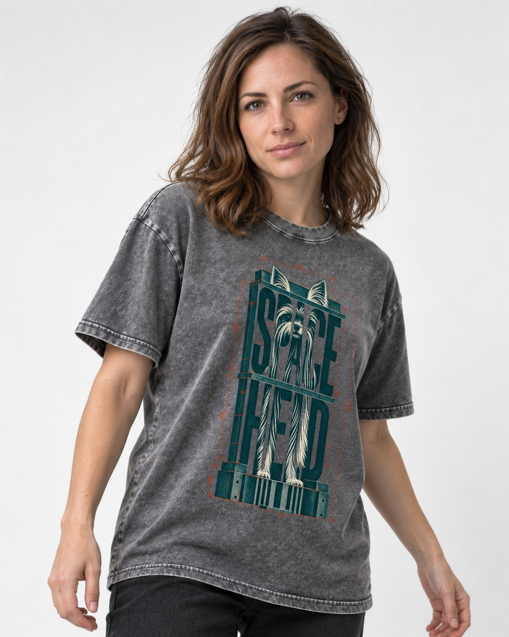 Yorkshire Terrier Space Head Washed Tee in Gray, worn by a model