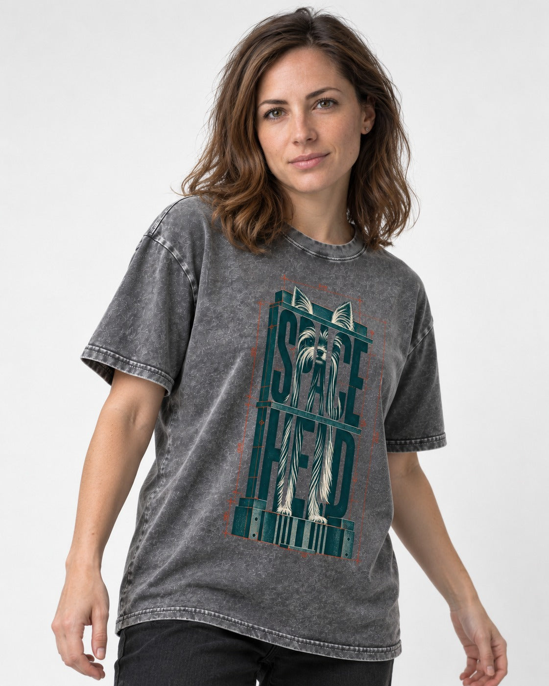 Yorkshire Terrier Space Head Washed Tee in Gray, worn by a model