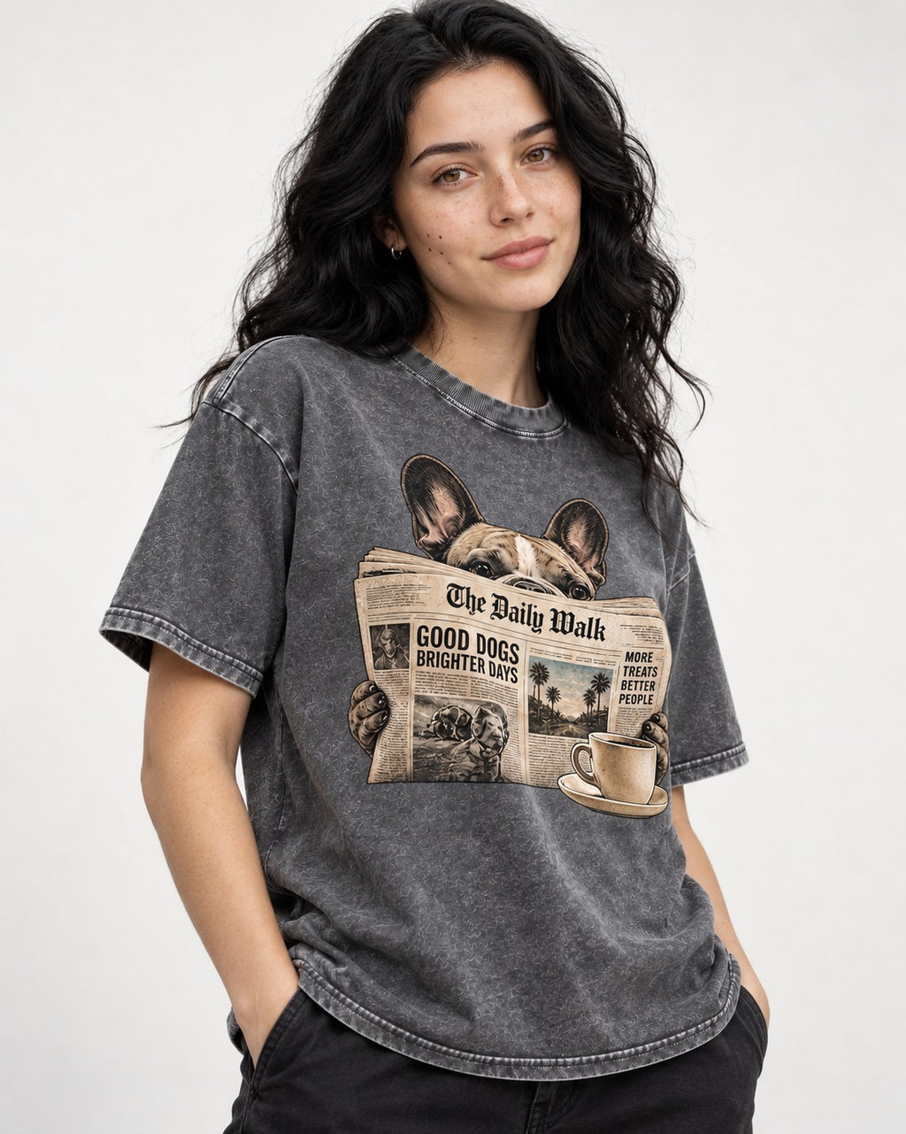 Frenchie Good Dogs Brighter Days Newspaper Graphic Washed Tee in Gray, worn by a model