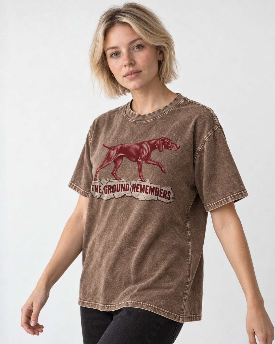 The Ground Remembers German Shorthaired Pointer Washed Tee in Coffee, worn by a model