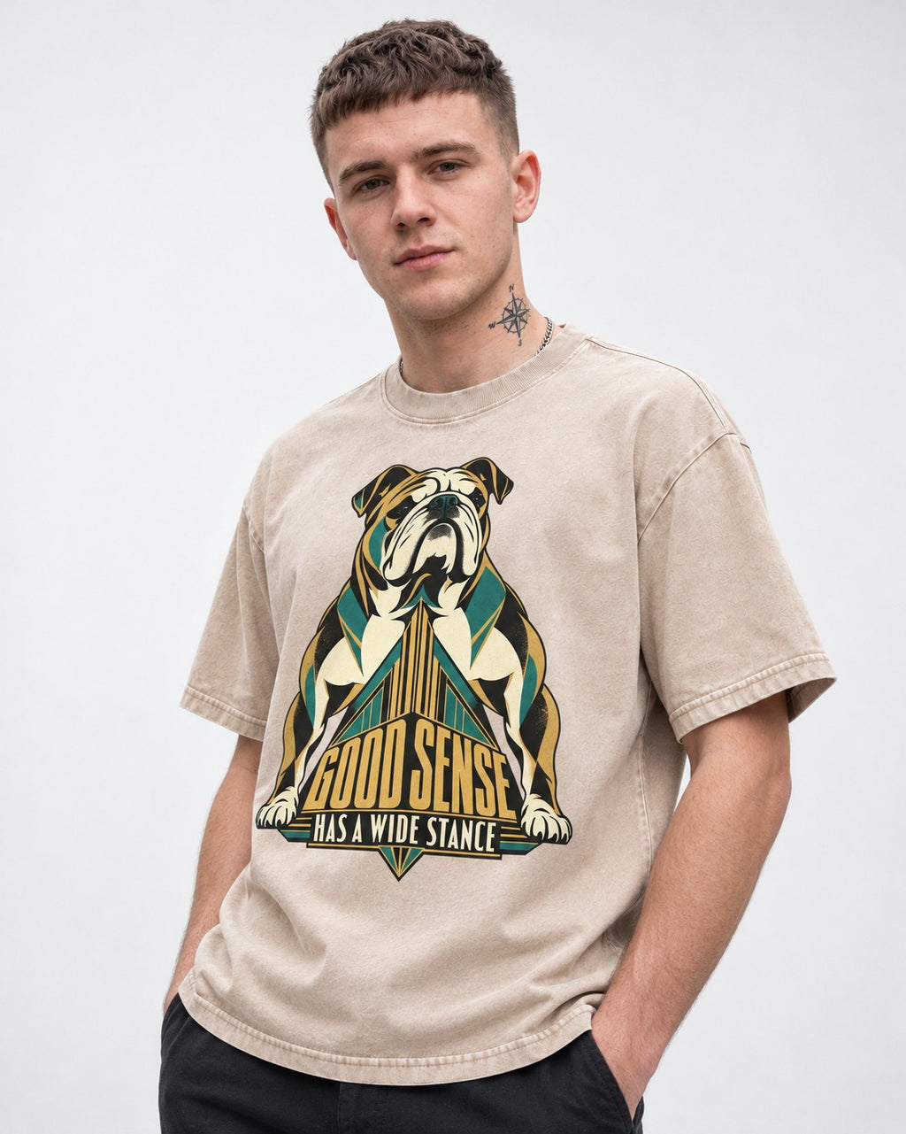 Good Sense Has a Wide Stance English Bulldog Graphic Washed Tee in Apricot, worn by a model