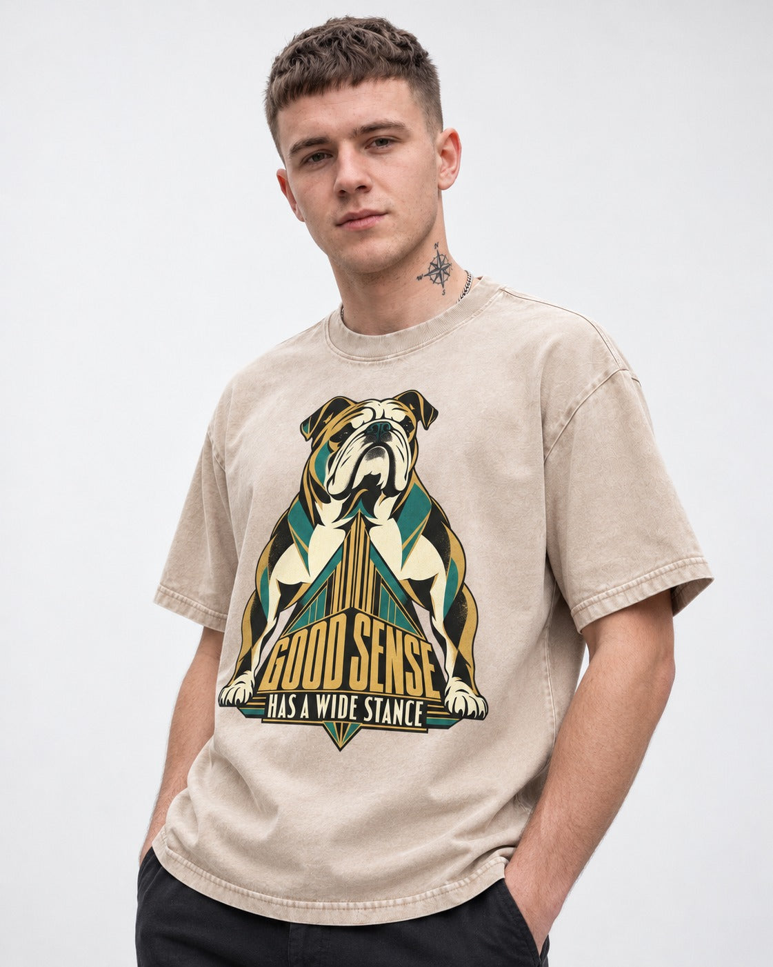 Good Sense Has a Wide Stance English Bulldog Graphic Washed Tee in Apricot, worn by a model