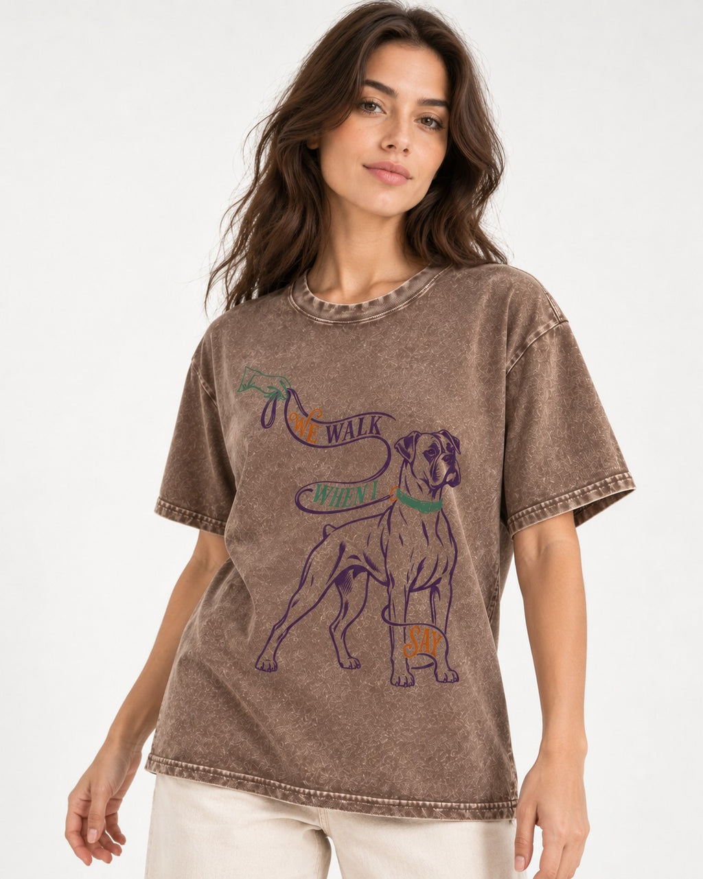 Boxer When I Say Washed Tee in Coffee, worn by a model