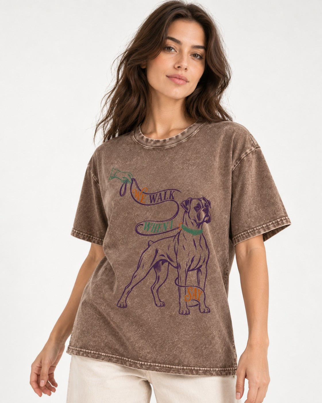 Boxer When I Say Washed Tee in Coffee, worn by a model