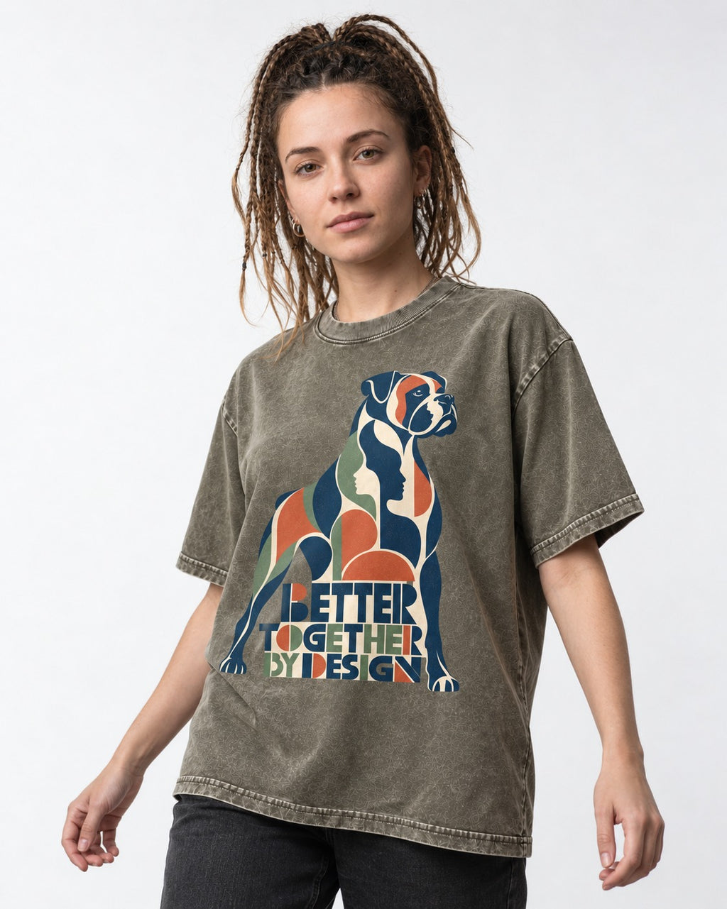 Better Together By Design Boxer Geometric Mosaic Washed Tee in Army Green, worn by a model