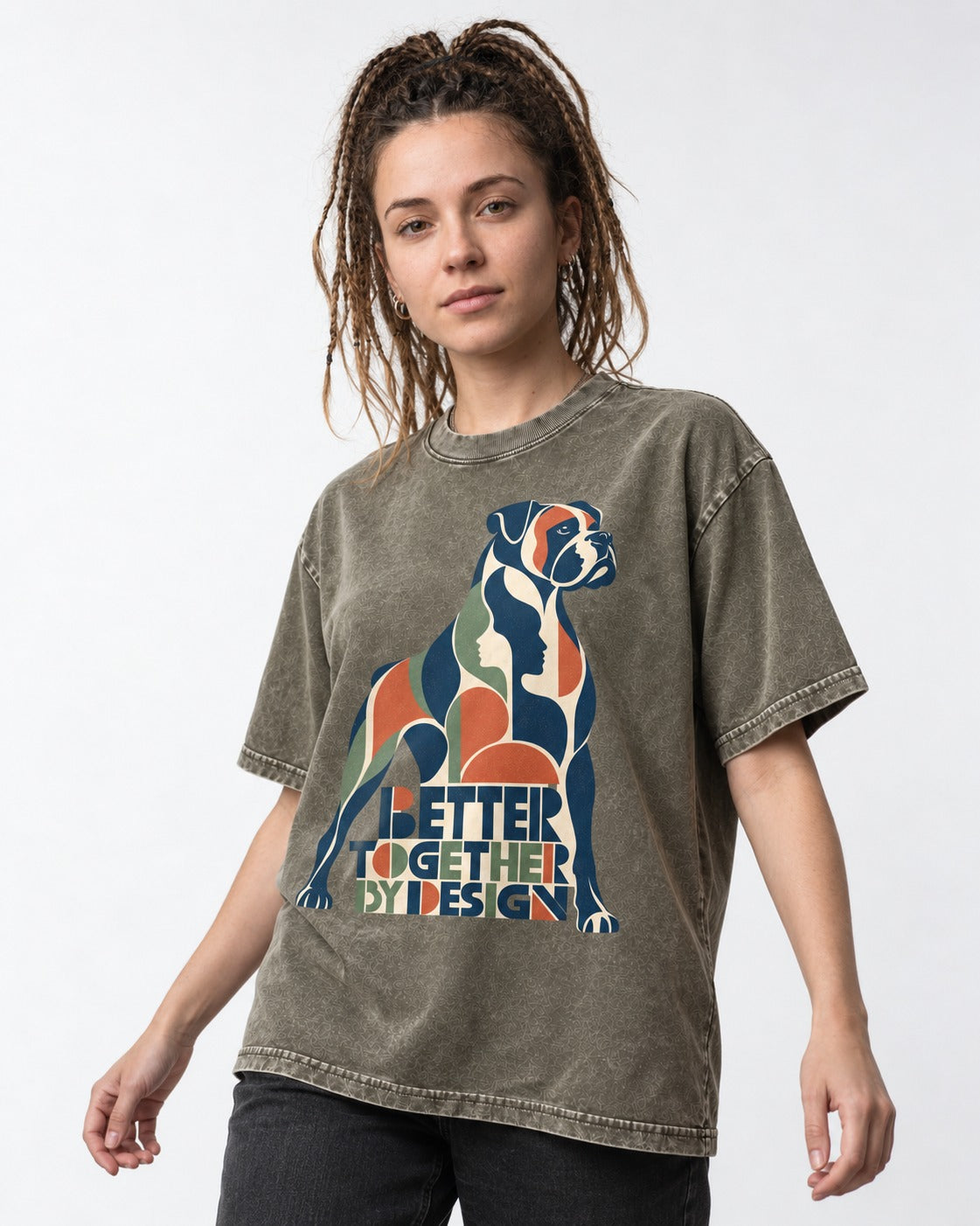 Better Together By Design Boxer Geometric Mosaic Washed Tee in Army Green, worn by a model
