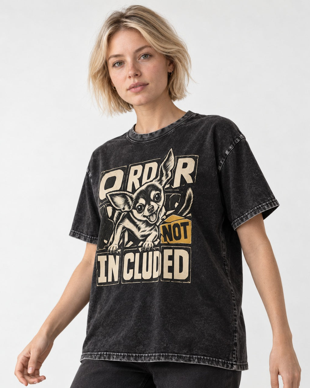 Chihuahua Order Not Included Broken Grid Graphic Washed Tee in Black, worn by a model