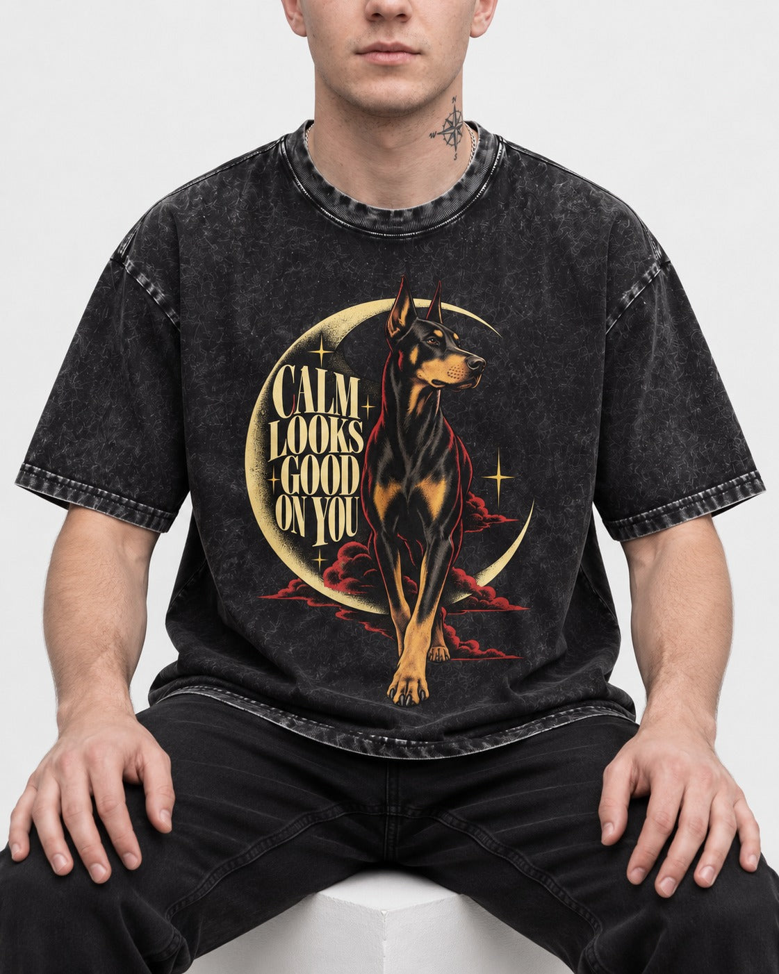 Doberman Calm Looks Good on You Crescent Graphic Washed Tee in Black, worn by a seated model