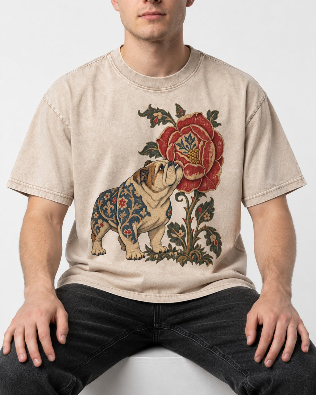 English Bulldog Tender Devotion Washed Tee in Apricot, worn by a seated model
