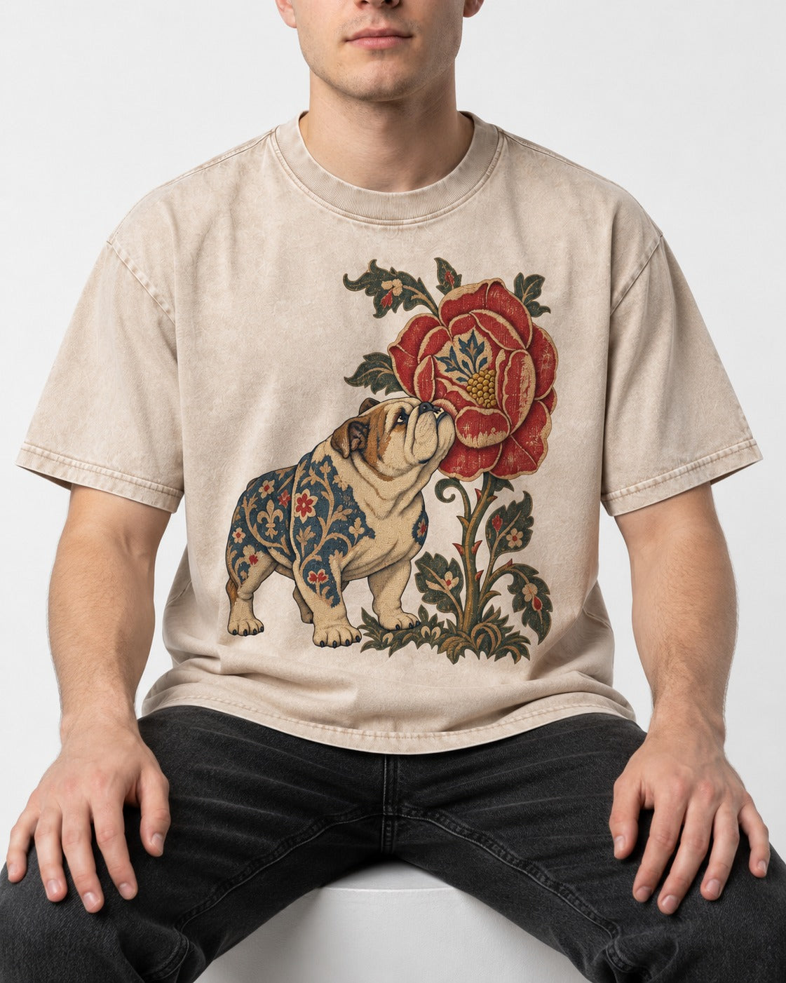 English Bulldog Tender Devotion Washed Tee in Apricot, worn by a seated model