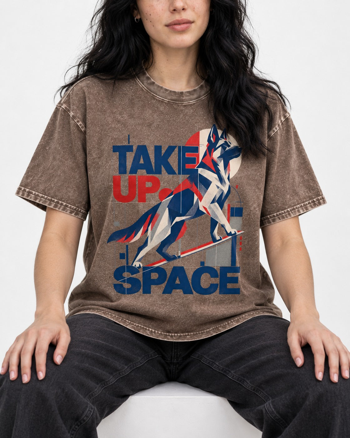 Take Up Space German Shepherd Dog Washed Tee in Coffee, worn by a seated model