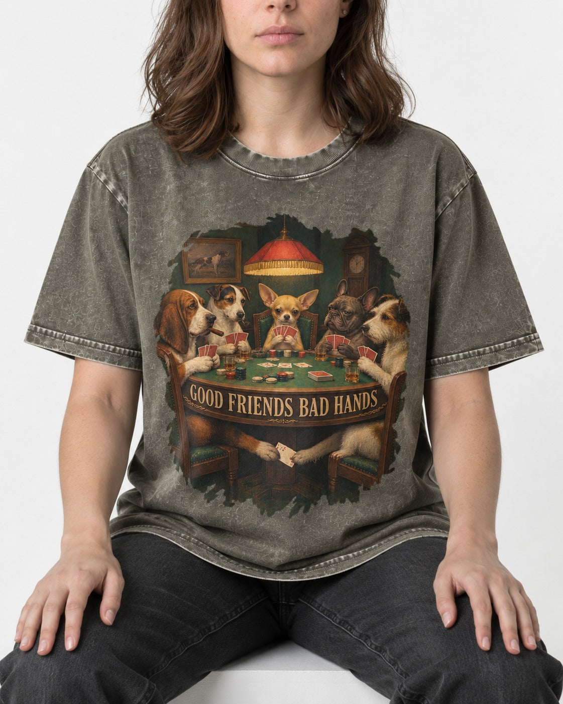 Good Friends Bad Hands Chihuahua Poker Scene Washed Tee in Army Green, worn by a seated model