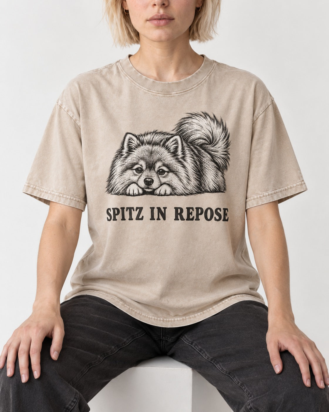 Pomeranian In Repose Washed Tee in Apricot, worn by a seated model