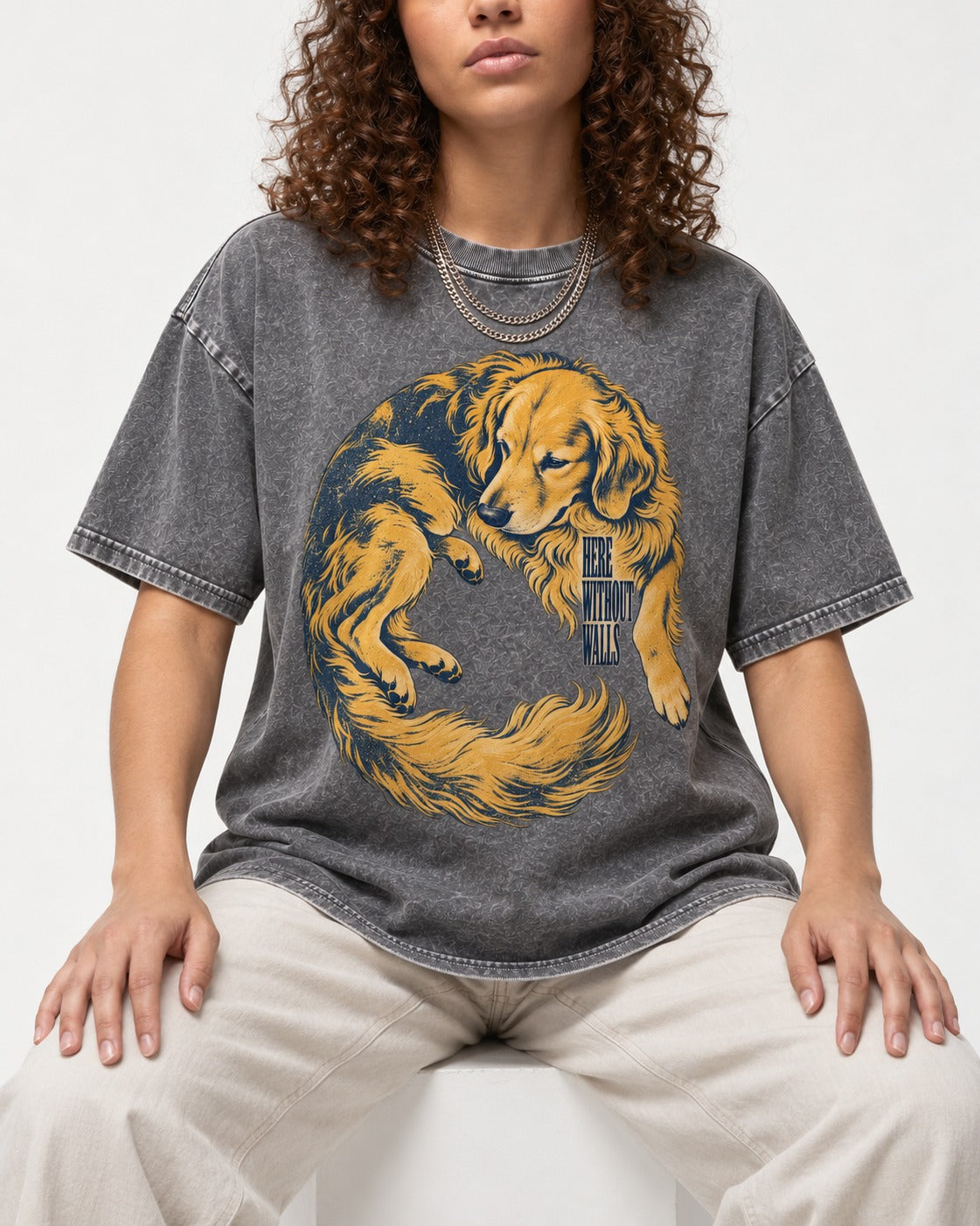Golden Retriever Here Without Walls Curled Portrait Graphic Washed Tee in Gray, worn by a seated model