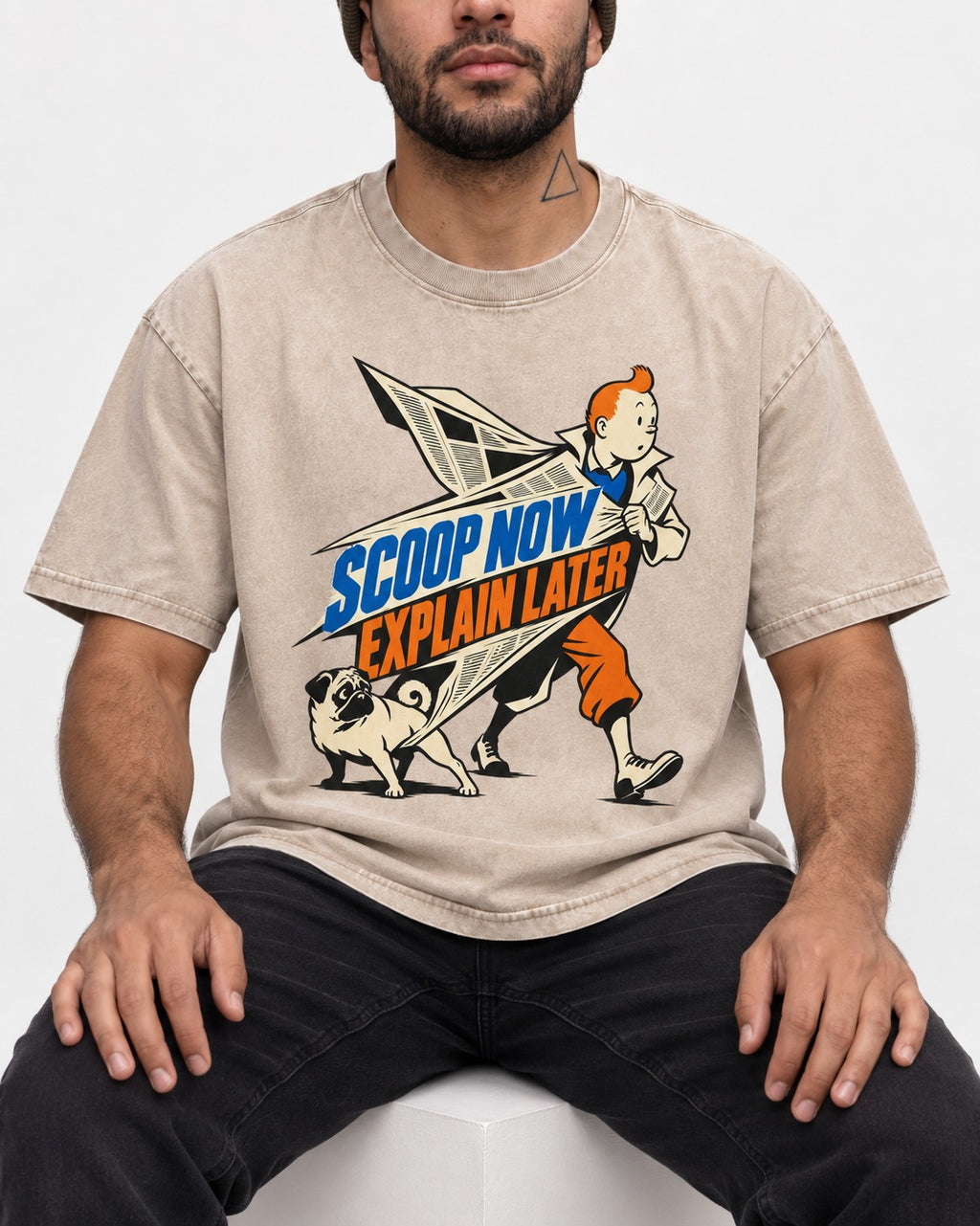 Pug Scoop Now Explain Later Washed Tee in Apricot, worn by a seated model