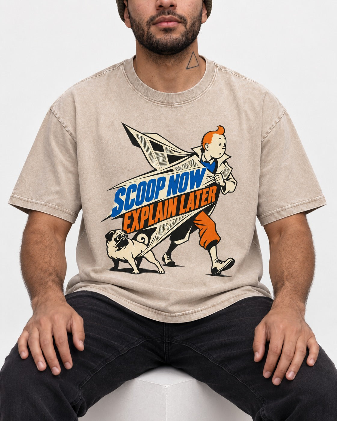 Pug Scoop Now Explain Later Washed Tee in Apricot, worn by a seated model