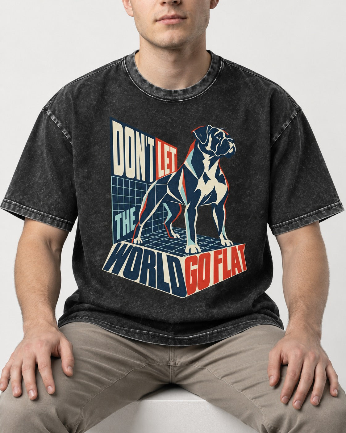 Don't Let the World Go Flat Boxer Perspective Grid Graphic Washed Tee in Black, worn by a seated model