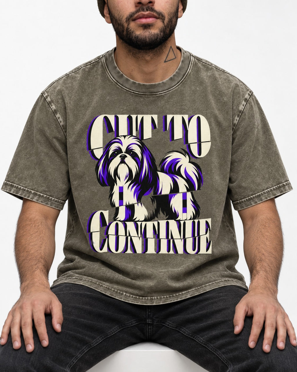Shih Tzu Cut to Continue Dimensional Typography Graphic Washed Tee in Army Green, worn by a seated model