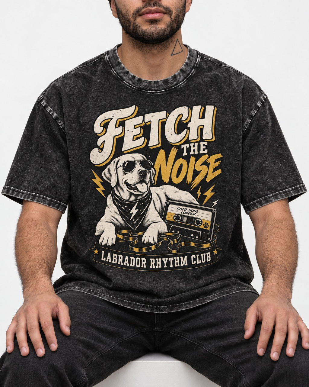 Labrador Retriever Fetch the Noise Rhythm Club DJ Graphic Washed Tee in Black, worn by a seated model
