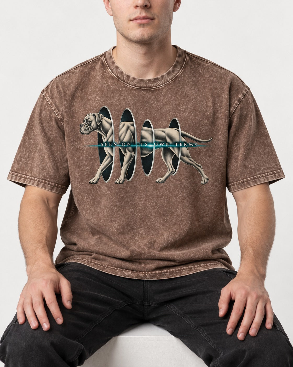 Boxer On Its Own Terms Washed Tee in Coffee, worn by a seated model
