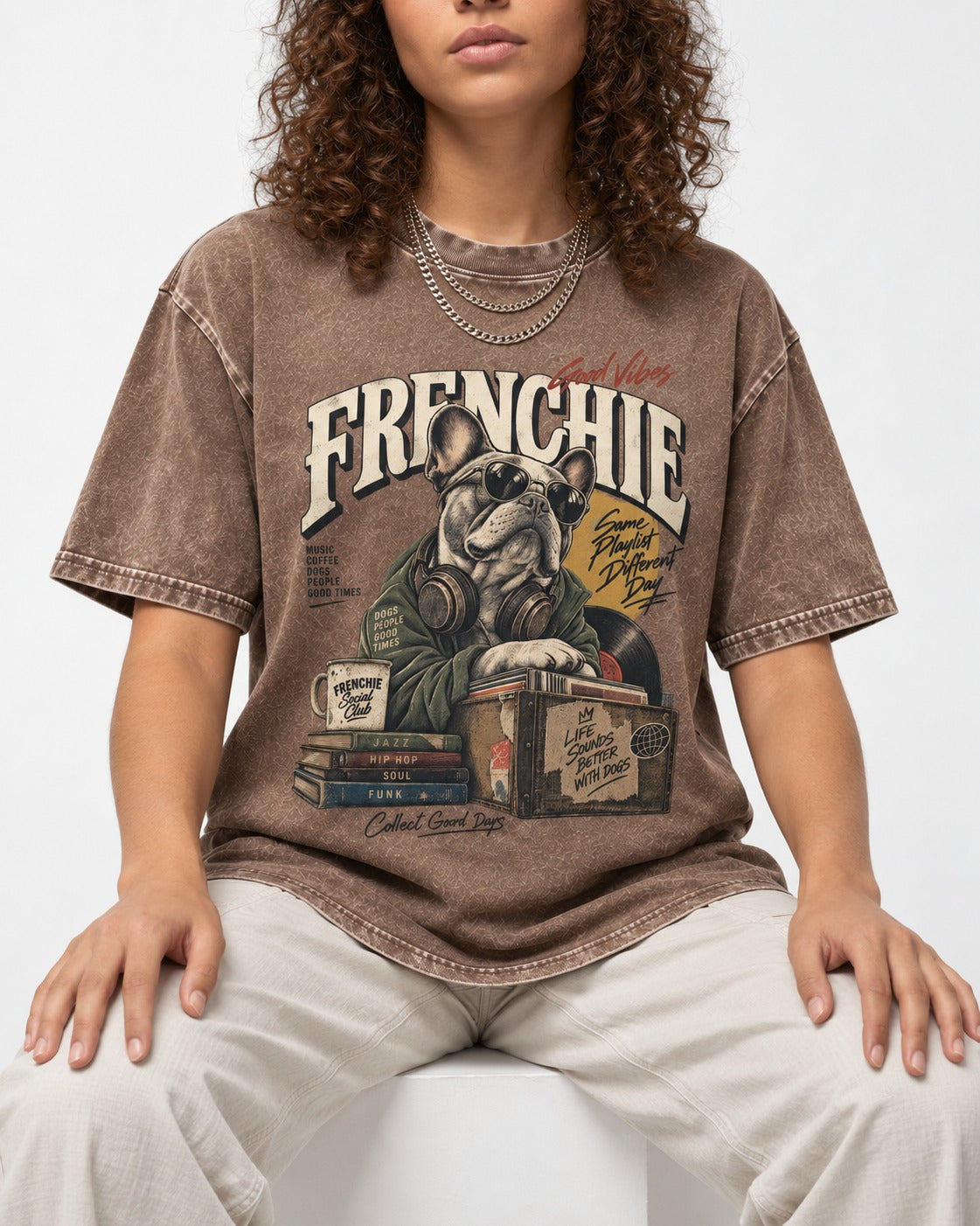 Frenchie Social Club Washed Tee in Coffee, worn by a seated model
