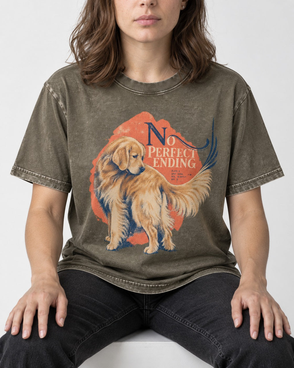 Golden Retriever No Perfect Ending Misregistration Graphic Washed Tee in Army Green, worn by a seated model
