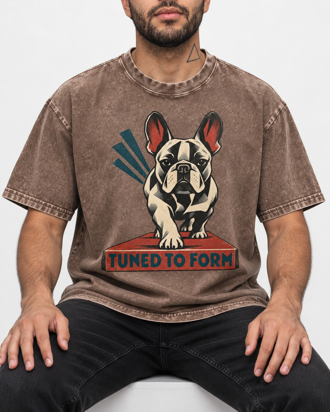 Frenchie Tuned to Form Washed Tee in Coffee, worn by a seated model