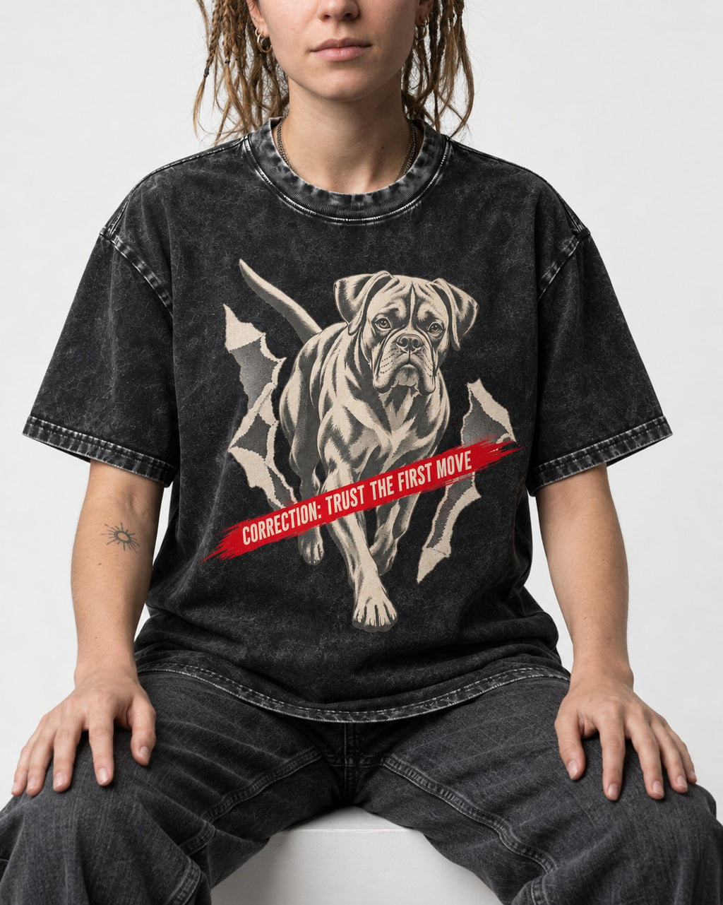 Mastiff Mismatch Boxer Needs Review Washed Tee in Black, worn by a seated model