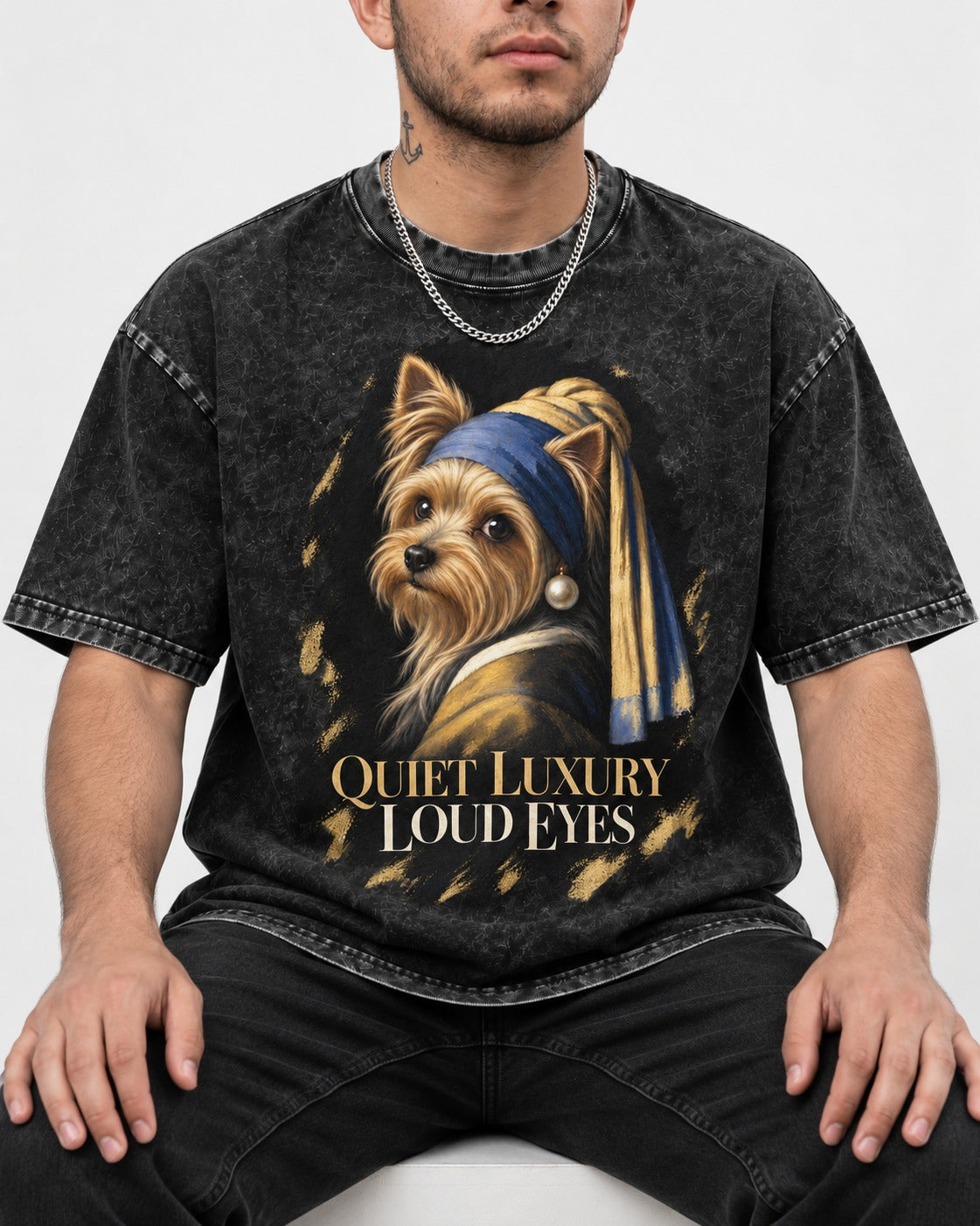 Yorkshire Terrier Quiet Luxury Loud Eyes Pearl Portrait Graphic Washed Tee in Black, worn by a seated model