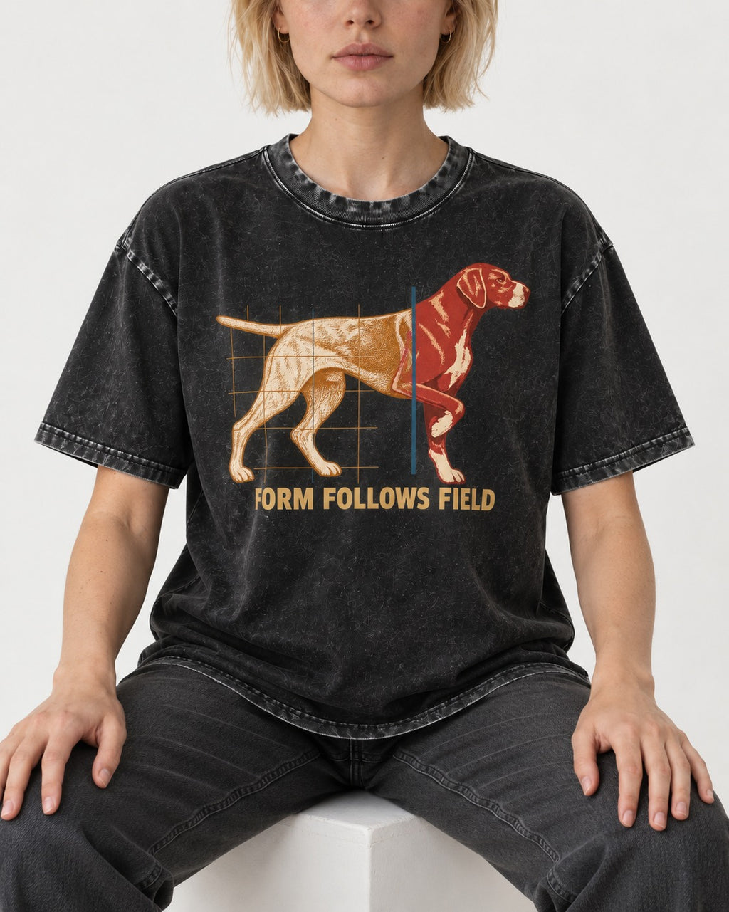 German Shorthaired Pointer Form Follows Field Grid Graphic Washed Tee in Black, worn by a seated model