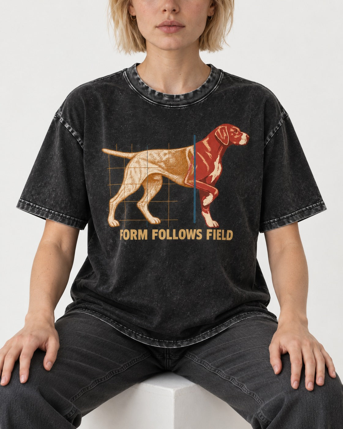 German Shorthaired Pointer Form Follows Field Grid Graphic Washed Tee in Black, worn by a seated model