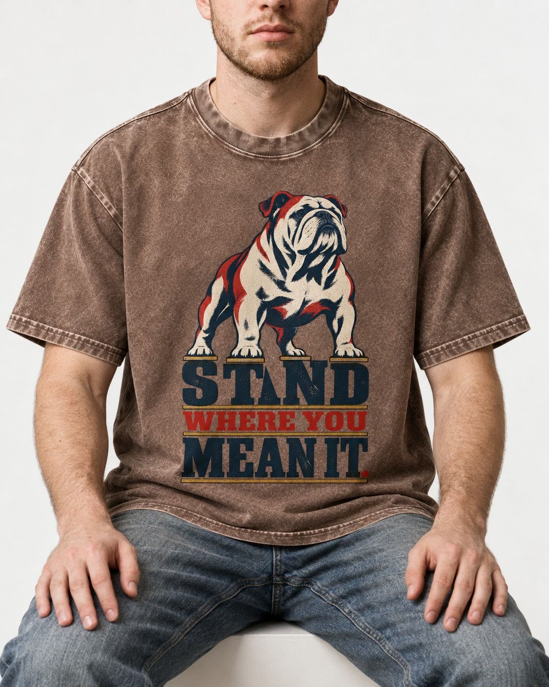 English Bulldog Stand Washed Tee in Coffee, worn by a seated model