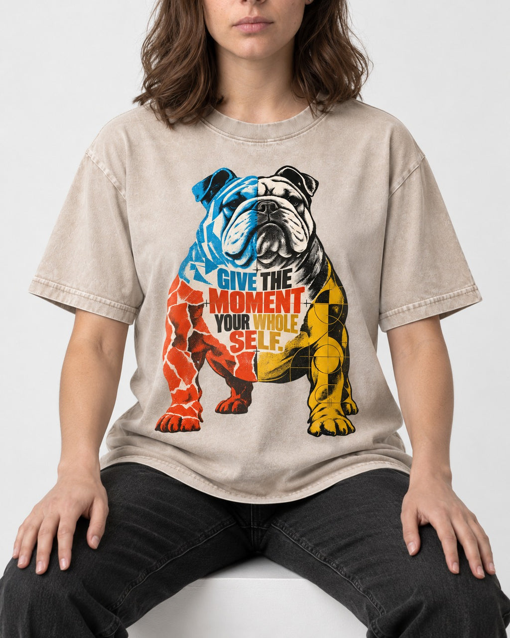 English Bulldog Give Your Whole Self Washed Tee in Apricot, worn by a seated model