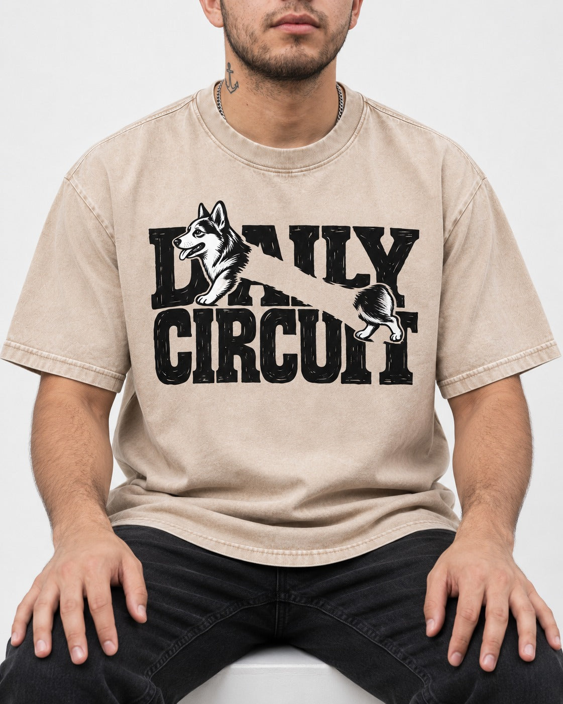 Daily Corgi Circuit Washed Tee in Apricot, worn by a seated model