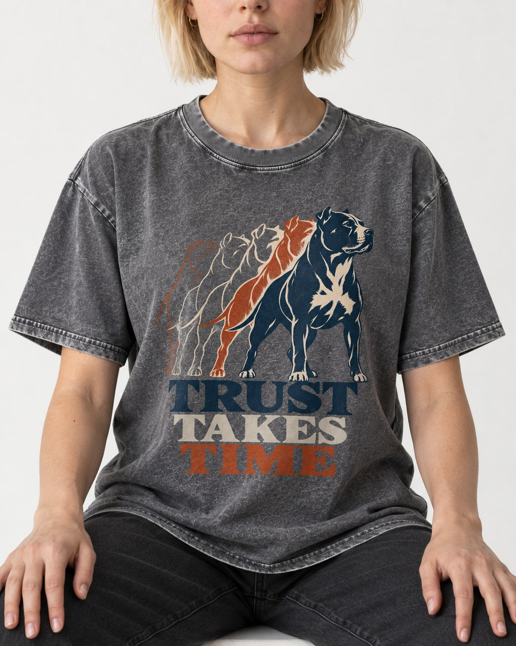 Pitbull Trust Takes Time Progression Graphic Washed Tee in Gray, worn by a seated model