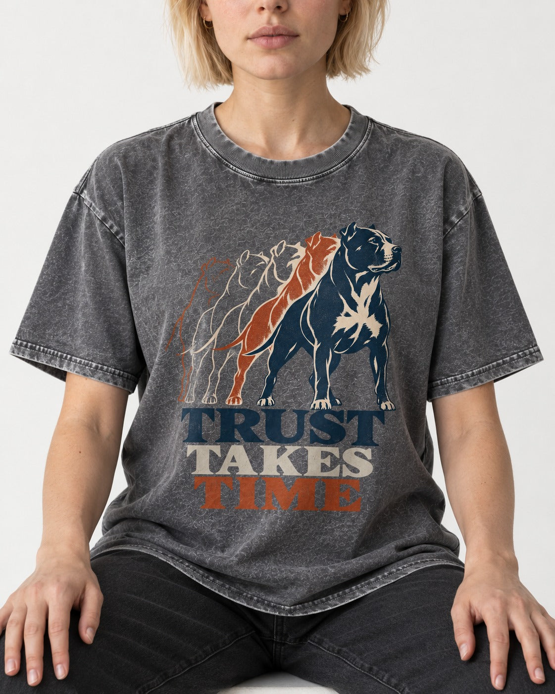 Pitbull Trust Takes Time Progression Graphic Washed Tee in Gray, worn by a seated model