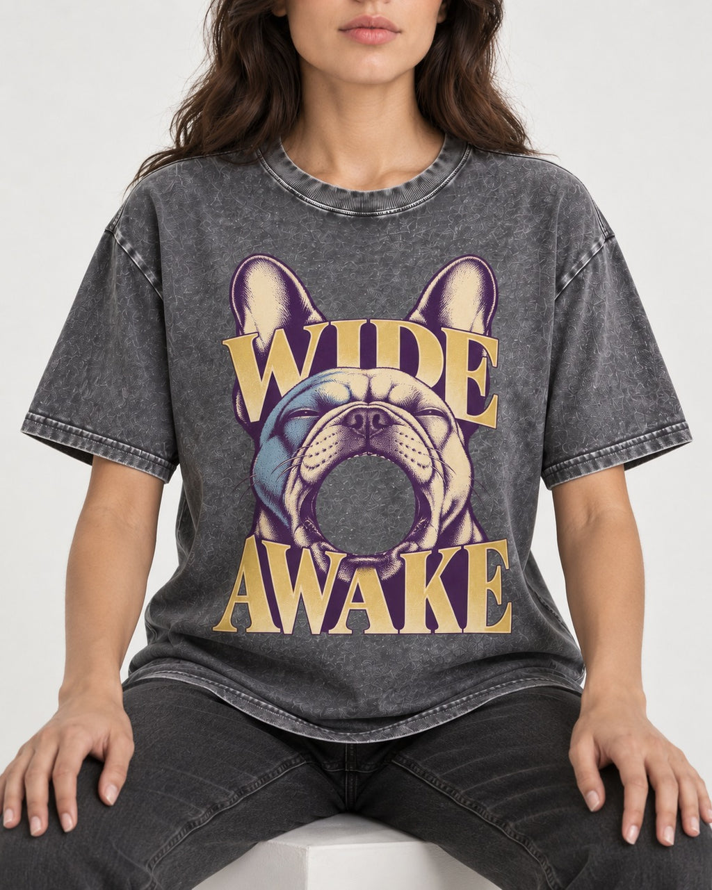 Frenchie Wide Awake Yawn Graphic Washed Tee in Gray, worn by a seated model
