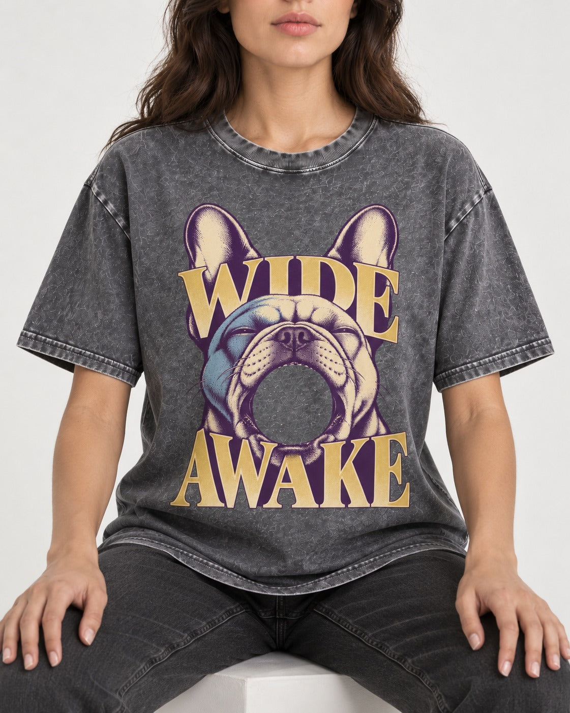 Frenchie Wide Awake Yawn Graphic Washed Tee in Gray, worn by a seated model