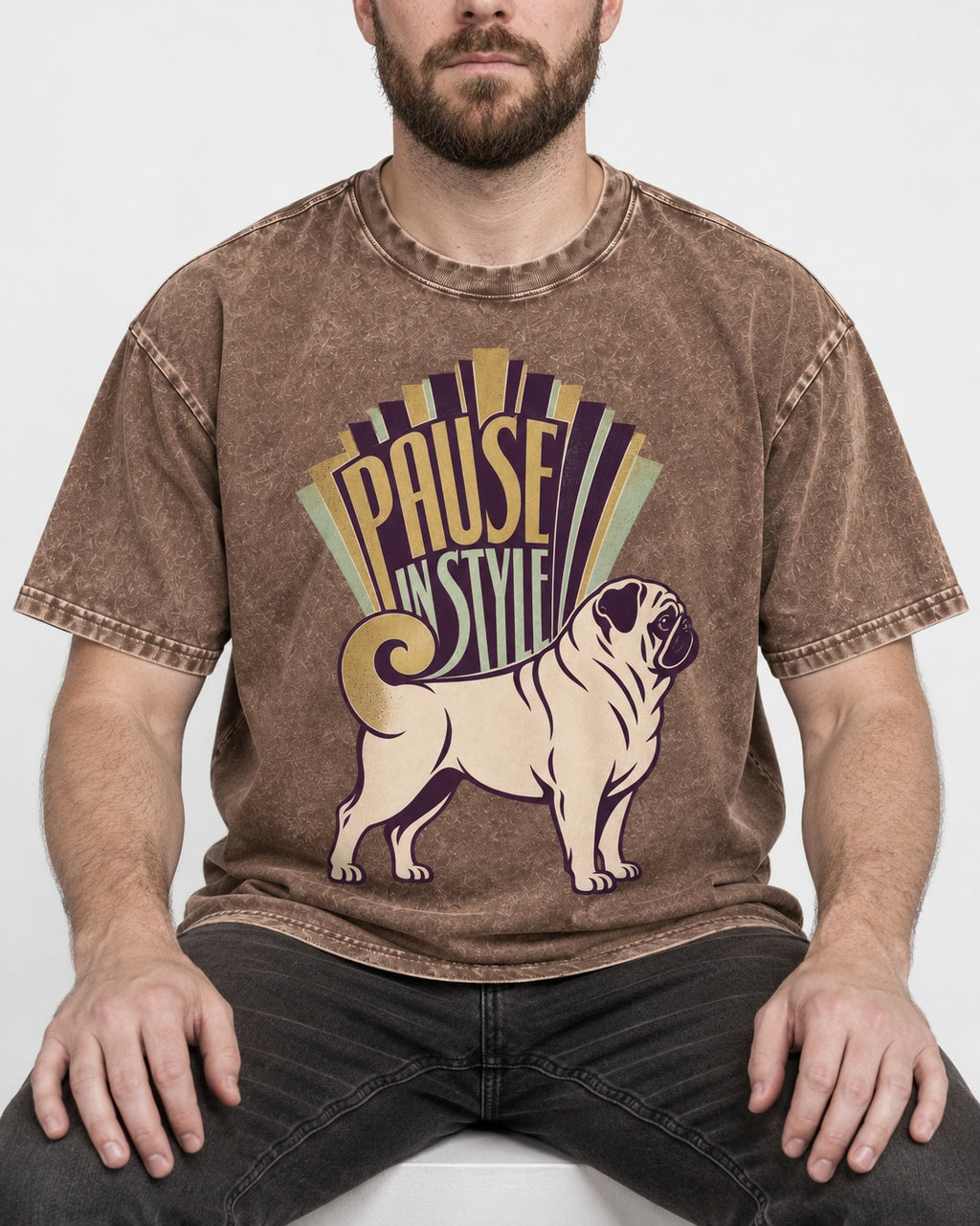 Pug Pause Washed Tee in Coffee, worn by a seated model